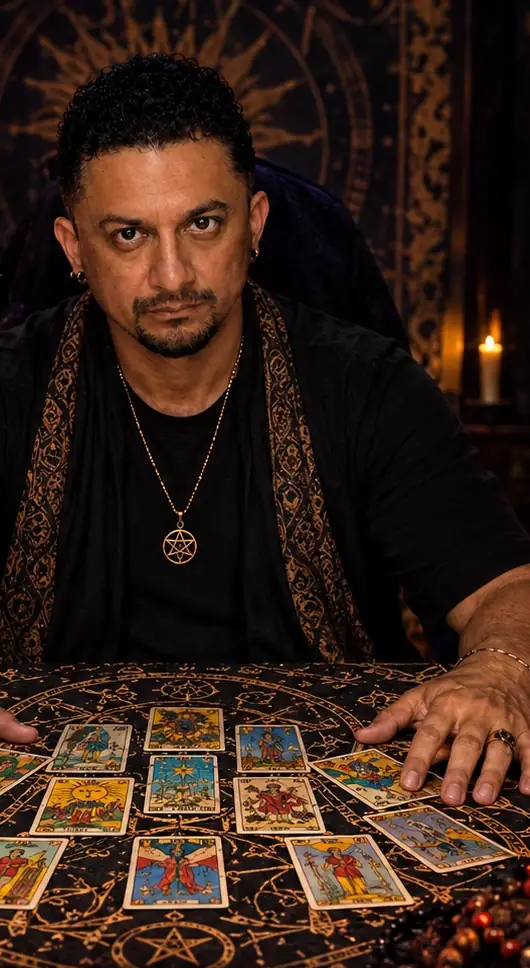Jairo, tarotista en Madrid, vestido de negro y sentado ante una tirada de cartas del tarot en su mesa de consulta